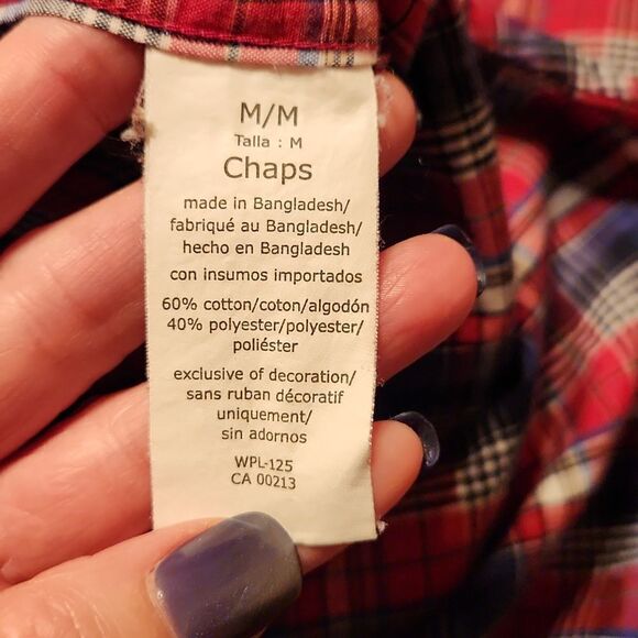 CHAPS Easy Care Long Sleeve Button Down Casual Shirt, Medium, Red & Blue Plaid - Picture 6 of 8